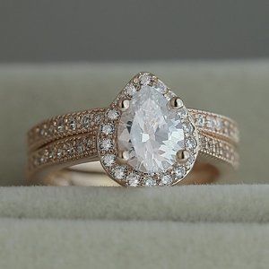 💎 Elegant Beautiful Pear Micro Pave Water Drop Rose Gold Ring Set Women, VIP393